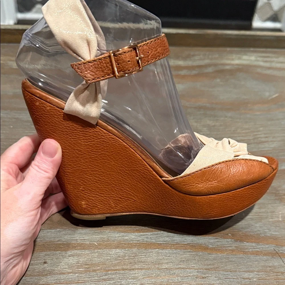 Cynthia Vincent Leather Wedge Sandals Size 6 Brown Knot Peep‎ Toe Boho Chic